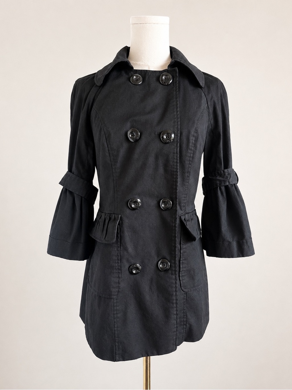Rampage Black Bell Sleeve Double Breasted Trench Coat Y2K Small